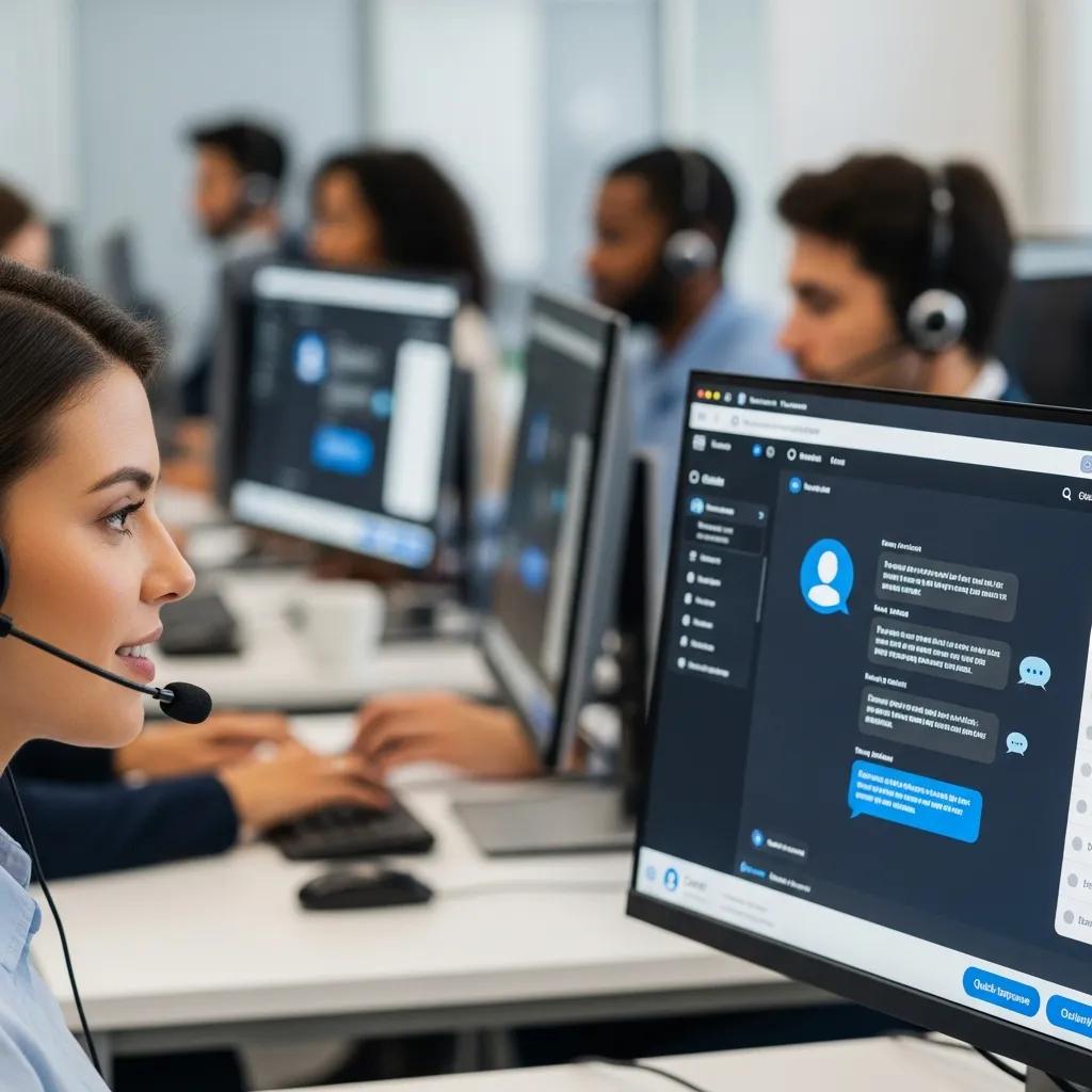 Customer service representative interacting with an AI chatbot in a call center