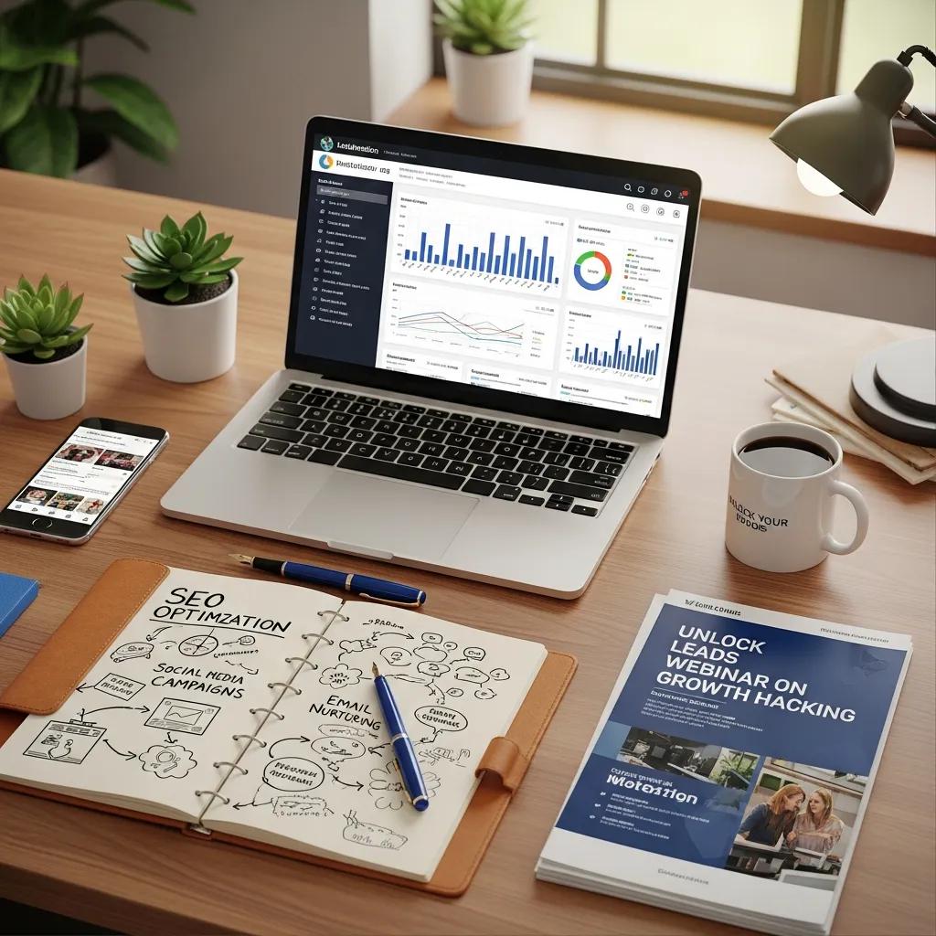 Digital marketing workspace showcasing lead generation strategies and analytics