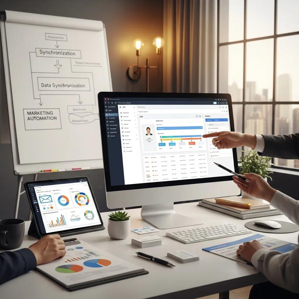 Illustration of CRM integration with marketing automation in a professional office setting