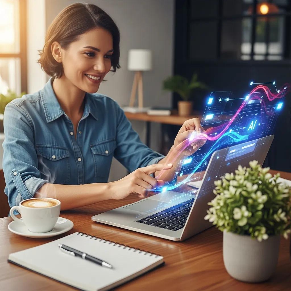 Small business owner engaging with AI automation tools in a modern workspace