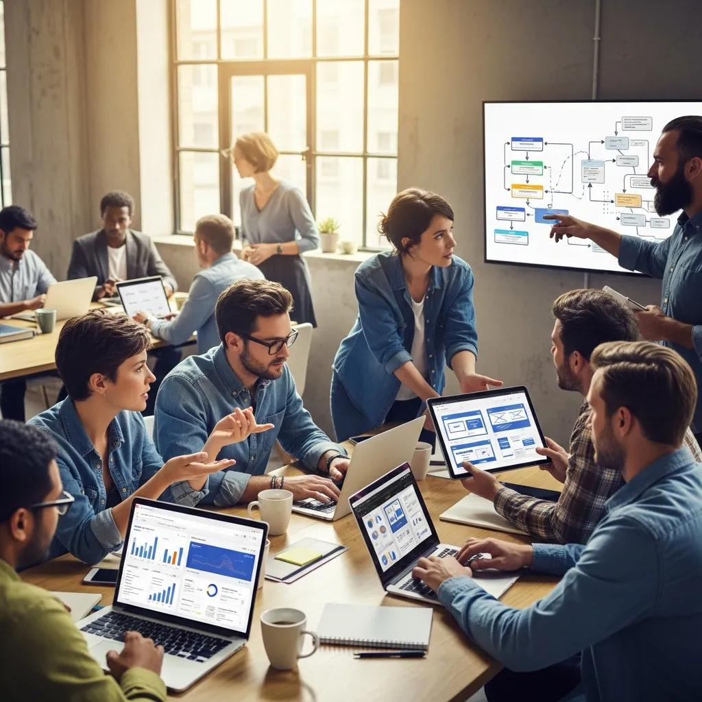 Diverse professionals collaborating in a modern office on marketing automation strategies